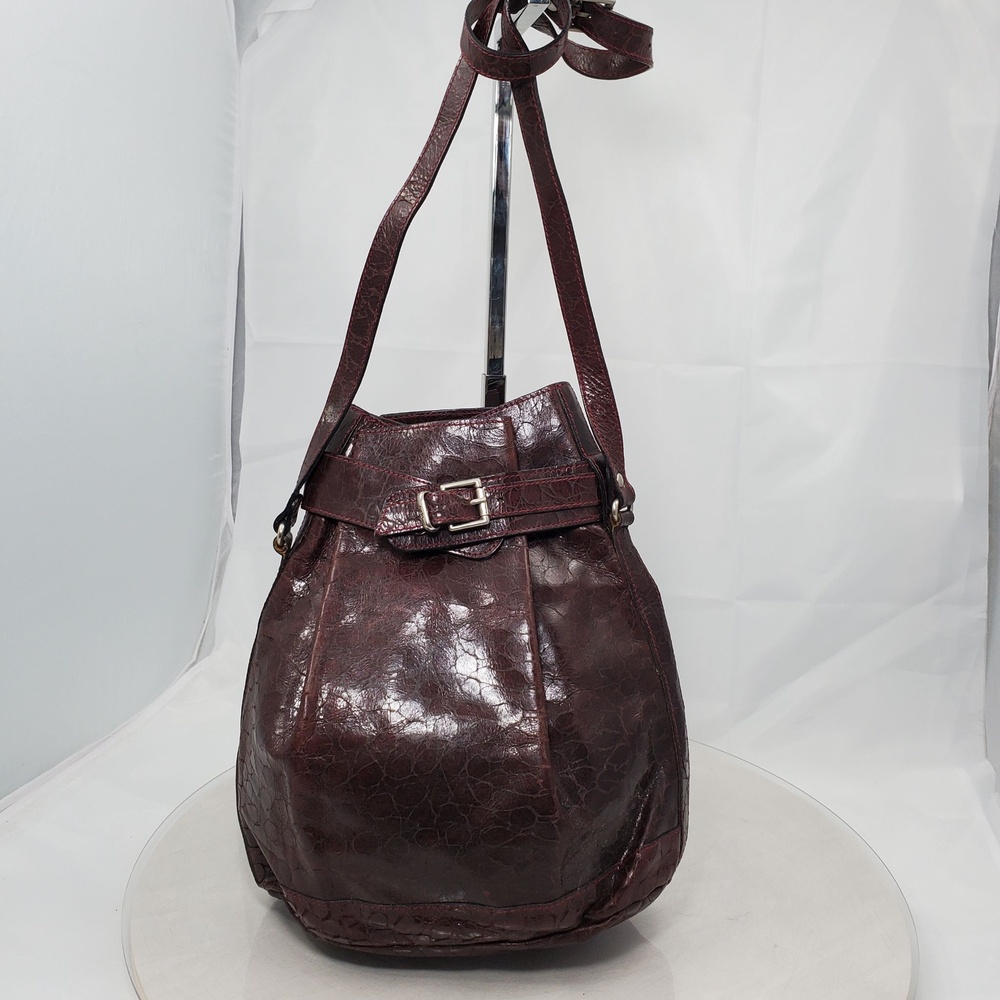 Vintage Furla Burgundy Leather Bucket Crossbody Bag Made In Italy Buckle Belted